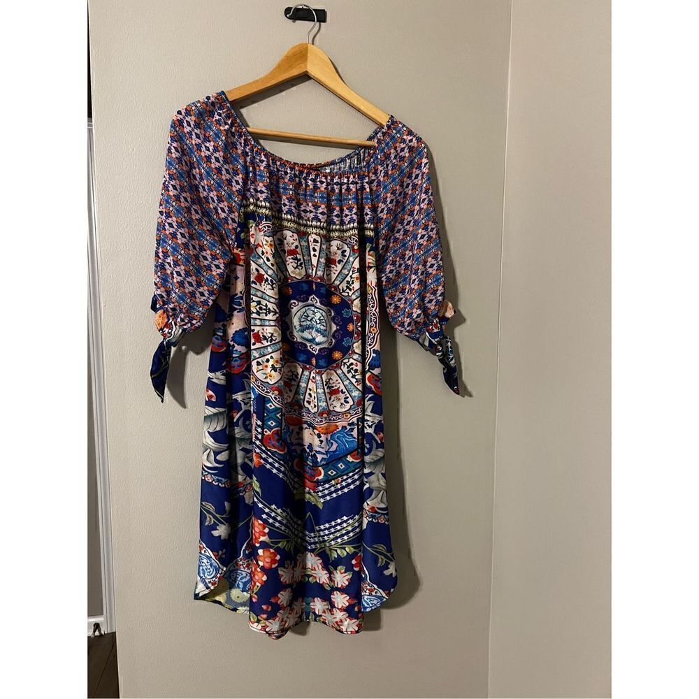 Boston Proper Women’s Size Medium A Line Boho Poet Mini Dress Blue Half Sleeve